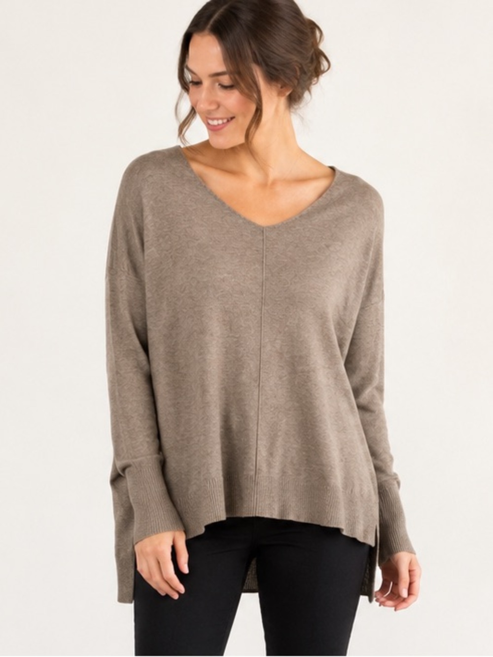 Dreamers by Debut Taupe Oversized V-Neck High-Low Sweater S